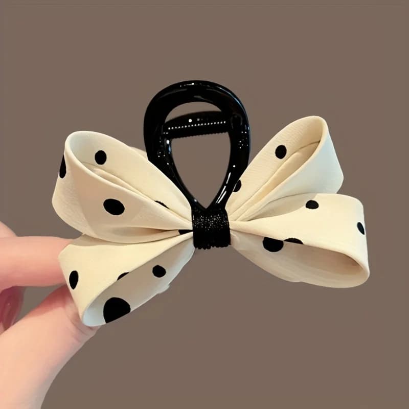 A Fabric Hair Clip with Black and White Polka Dots, New Exquisite Bowknot Shark Clip for Women, Suitable for Dates and Everyday Outfits