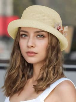 Women's Elegant Retro 3D Floral Decor Rolled Brim Straw Hat Lightweight Hollow Crochet Bucket Hat Sun Protection Hat