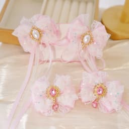 Girls Sweet Pink Lace Bow Hair Accessories Pearl Rhinestone Lolita Hair Ornaments Ancient Style Fairy Long Ribbon Hair Clips