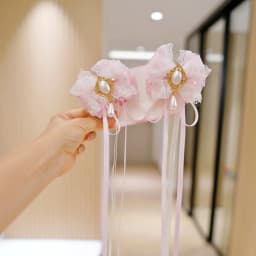 Girls Sweet Pink Lace Bow Hair Accessories Pearl Rhinestone Lolita Hair Ornaments Ancient Style Fairy Long Ribbon Hair Clips