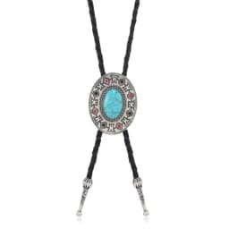 Vintage Artistic Bolo Tie Necklace Antique Silver Turquoise Inlaid Retro Tie Necklace Round Disc Personality