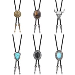 Vintage Artistic Bolo Tie Necklace Antique Silver Turquoise Inlaid Retro Tie Necklace Round Disc Personality