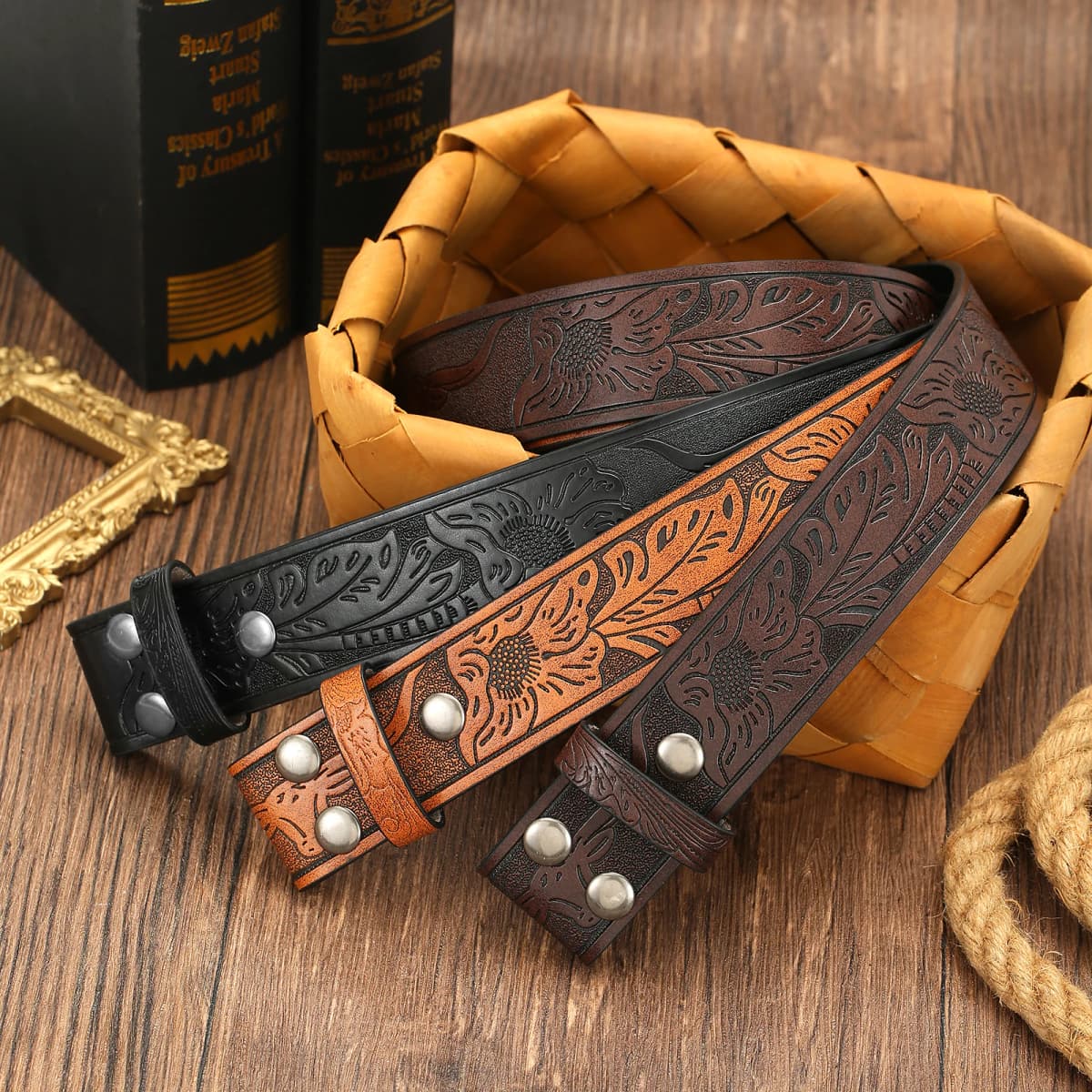 Men Western Pattern Embossed Belt Blank Strap, No Buckle Retro Cowboy Pu Leather Belt Replacement Strap