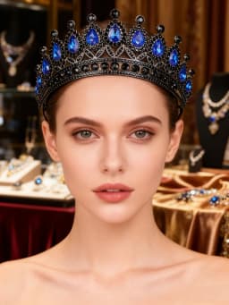 Retro Palace-Style Blue Diamond Crown Headband with Black Base, European and American Luxury Party Hair Accessory, Sparkling Headpiece for Evening Events