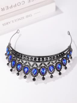 Retro Palace-Style Blue Diamond Crown Headband with Black Base, European and American Luxury Party Hair Accessory, Sparkling Headpiece for Evening Events