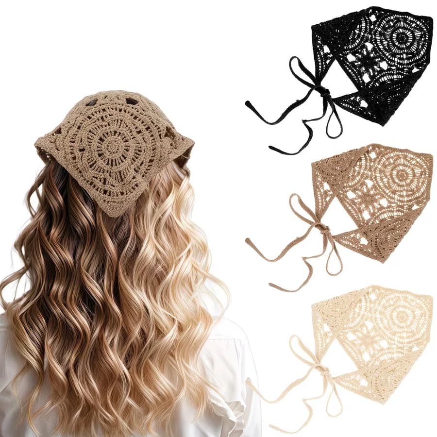 Hollow Crochet Headband for Women, 1 Piece Bohemian Triangle Headband, Adjustable Non-Slip Headband, Vintage Hair Scarf, Knitted Headband for Tying Back Hair, Black Beige Khaki