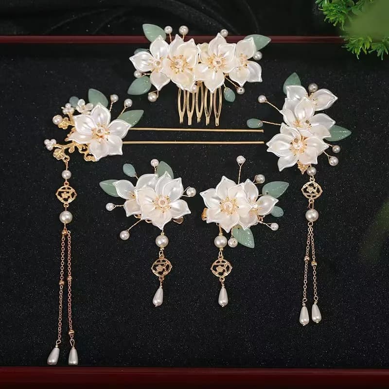 Tea Flower Hanfu Ancient Style Hair Accessories Set with Tassel Hairpin Plum Blossom Comb Step-Rock Edge Clip for Girls