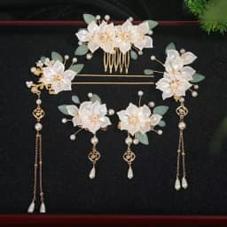 Tea Flower Hanfu Ancient Style Hair Accessories Set with Tassel Hairpin Plum Blossom Comb Step-Rock Edge Clip for Girls