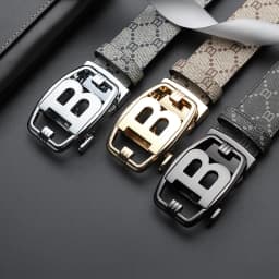 Men's B Letter Automatic Buckle Belt Monogram Print PU Leather Waist Belt for Business Casual Jeans