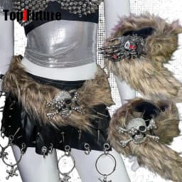 European American Y2K Spicy Girl Belt Subculture Punk Streetwear Rhinestone Skull Hand Claw Belt Faux Fur Waist Accessories
