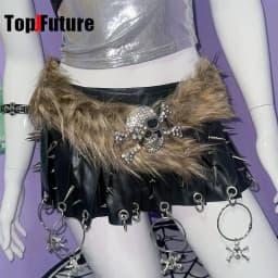 European American Y2K Spicy Girl Belt Subculture Punk Streetwear Rhinestone Skull Hand Claw Belt Faux Fur Waist Accessories