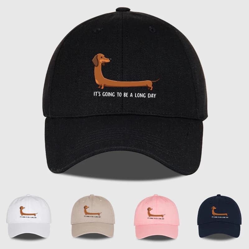 Fun Dachshund “Long Day” Printed Baseball Cap – Adjustable, Sun-Protective, Casual Streetwear, Unisex Soft-Peak Dad Cap