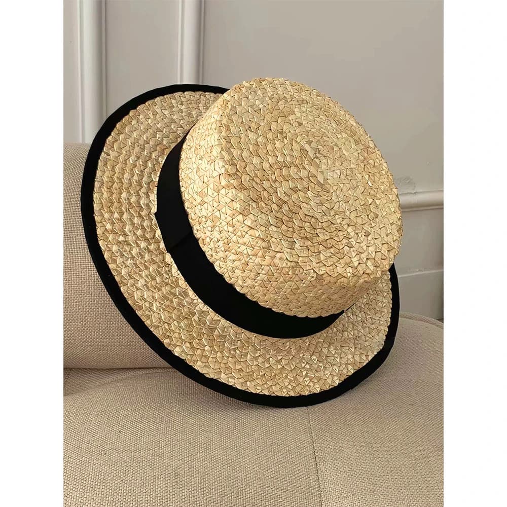 Classic French Straw Boater Hat wheat Women Men Flat Top Sun Cap Summer Beach Vacation Breathable Elegant Ribbon Band Panama Hat