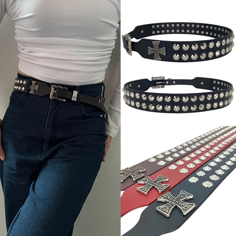 Unisex Cross Jeans Belt FeMale Gothic Accessory Punk Y2k Designer Belts For Women Hip Hop Plus Size Rivet Black Men's Belt Male