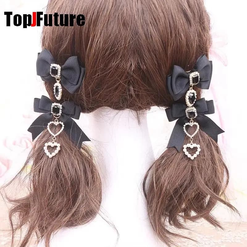 Korean Gothic Lolita Hair Clips Y2K Girl Bobby Pin Harajuku Women Cosplay Bow Jewelry Hairpin Headdress Dual Horsetai Hairgrip