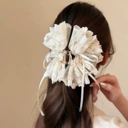 1pc Korean Style Elegant Butterfly Knot Ribbon Embroidered Lace Hair Claw, Women's Back Head Ponytail Clip Half-Up Shark Clip