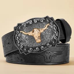 2026 New Men's Western Cowboy Belt - Cool Handsome Black PU BELT Material Embossed Design and Stylish Alloy Buckle Men Belt