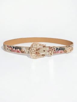 1pc women's palace-style hollow metal buckle flower print beaded belt, a versatile decorative belt for jeans