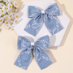 2Pcs Flower Bow Hair Clips Light Blue Hairpin Sweet Small Floral Print Barrette For Girls Elegant Headdress Headwear Accessories