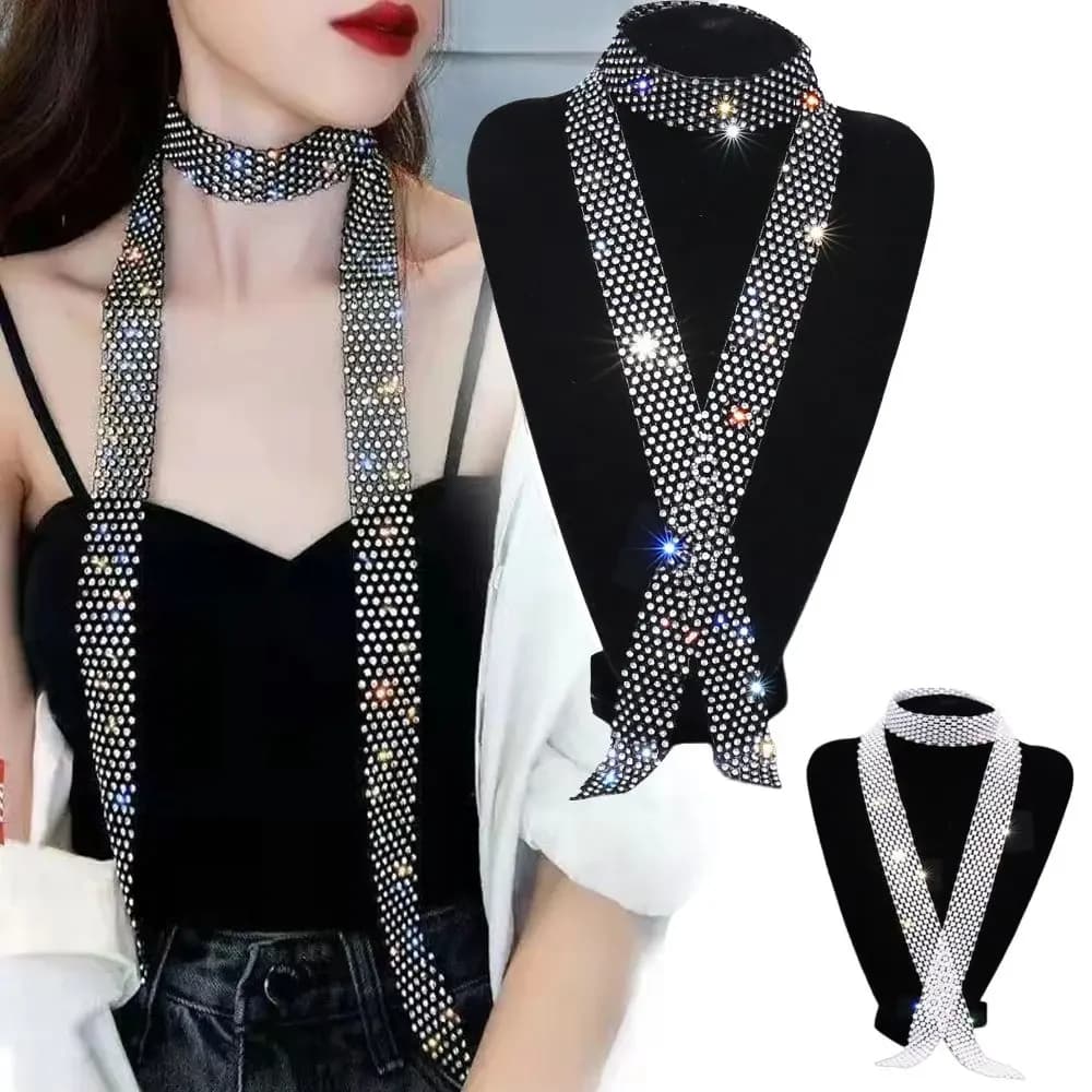 Lightweight 90/130/150cm Rhinestone Tie Black/White Long Necktie Shiny Exquisite Dazzling Embellished Tie Unisex