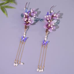 2pcs Pearl Tassel Hair Clip Purple Flower Hairpin Chinese Hanfu Hair Accessories Fairy Step Shaking Vintage Wedding Hair Jewelry