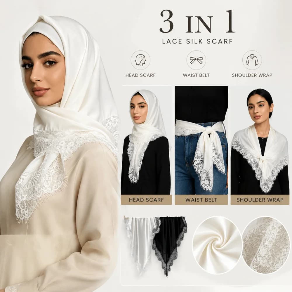 Fashion Solid Color Square Scarf Lace Trim Smooth Shawls Sun-Protection Satin fiber Silk Hijabs Beach