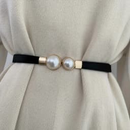 Elegant pearl decoration thin belt black elastic elastic waistband versatile windbreaker dress waist cinching accessory