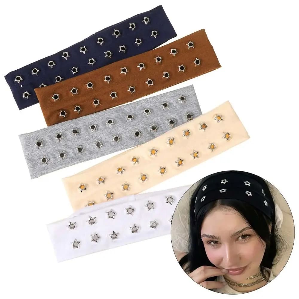 New Metal Rock Hollow Eyelet Elastic Headband Star Air Eye Studded Headbands Fabric Wide Hollow Eyelets Hair Bands Punk