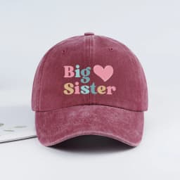 Big Sister Heart Print Vintage Washed Baseball Cap – Adjustable Size, Everyday Casual and Versatile Dad Cap