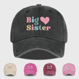 Big Sister Heart Print Vintage Washed Baseball Cap – Adjustable Size, Everyday Casual and Versatile Dad Cap