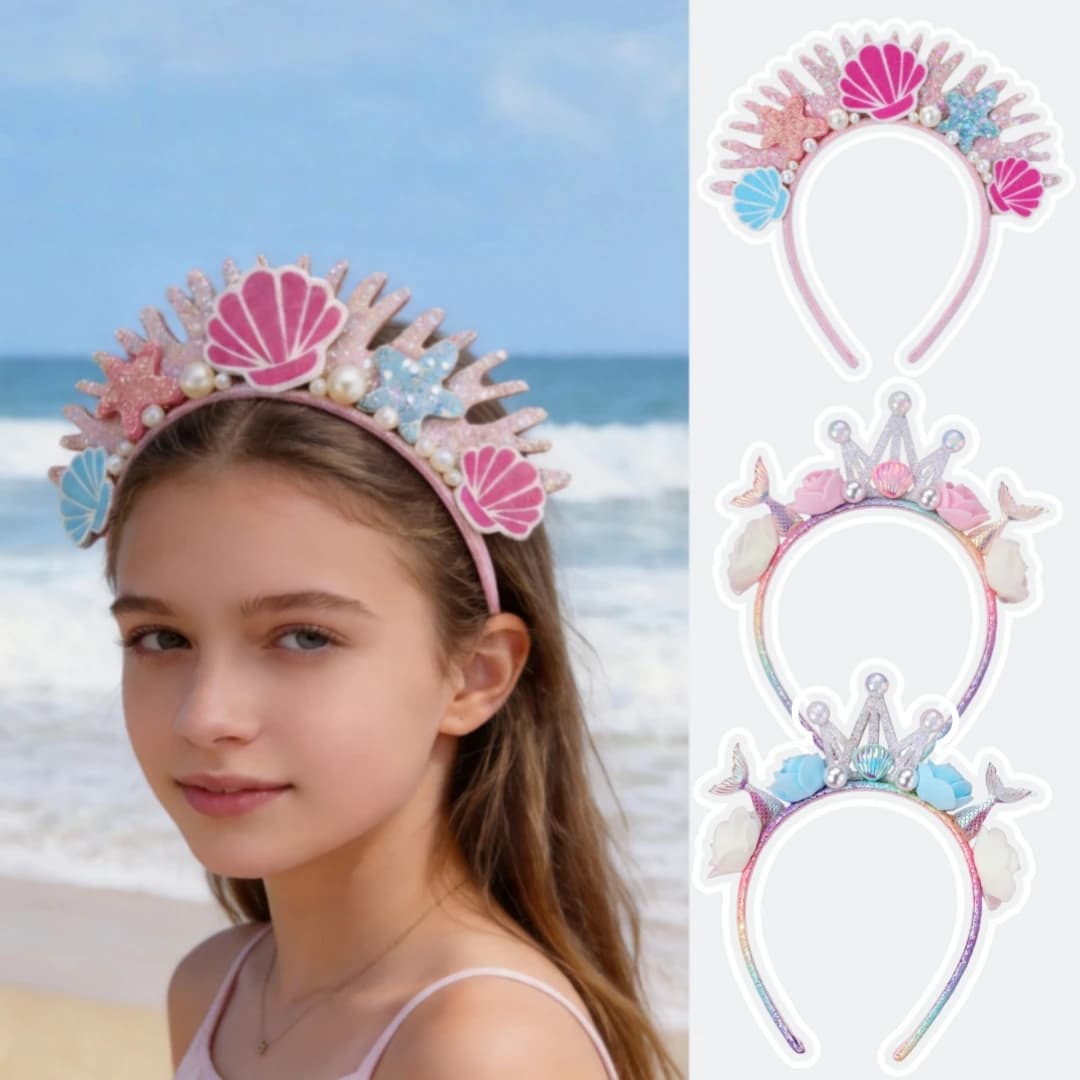 Ocean-Themed Glitter Headband, Featuring Glittery Ocean Elements Paired with Pearl Decorations, Crown Flower Mermaid Headband, with a Dreamy and Exquisite Design, Suitable for Beach-Themed Parties, Dress-Up Occasions, and More, with a Sweet Style