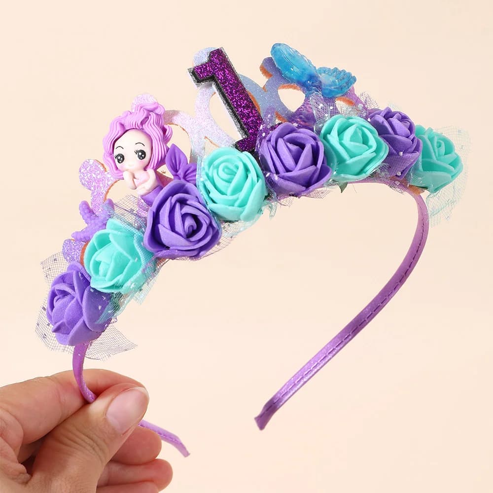 Cartoon Purple Mermaid Crown Headband Girls Baby Birthday Party Hairband Flower Sea Style Headdress