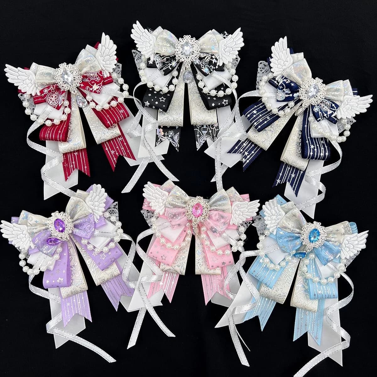 1Pc Cute Bowknot Brooch Pin, 6 Colors, Gemstone Heavy Craft Ribbon Bead Chain Color-Block Handmade DIY Finished Product, Anime Lolita Cosplay, Comic Con, Anime Decoration, Bag and Backpack Decoration Bowknot Pin