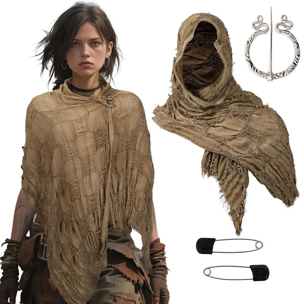 Fashion Medieval Style Medieval Cloak With Viking Brooch Beggar Style Hooded Shawl Scarf Scarf Cape Streetwear