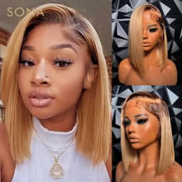 Ash Blonde Ombre Lace Front Wig Honey Blonde 13x6 HD Transparent Lace Frontal Wig Colored Human Hair Bob Wigs With Dark Root
