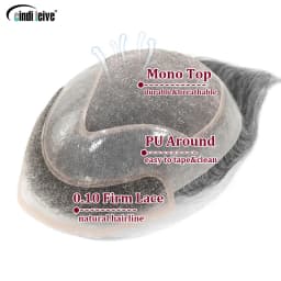 #1B40/#1B60/#1B80 Grey Men's Toupee Hair Replacement System Human Hairpiece Back Style Mono PU Breathable Lace Front Male Wig