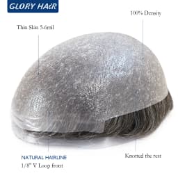 BIO 0.05-0.06mm Thin Skin Toupee For Man V-Loop Front Invisible Hairline Men's Capillary Prosthesis 100%Density Male Hair System