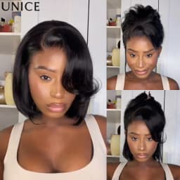 UNICE Bye-Bye Slip 6X4 Minimalist Lace "C" Side Part Layered Bob Wig With Blowout Bangs Glueless Human Hair Wig 150% Density