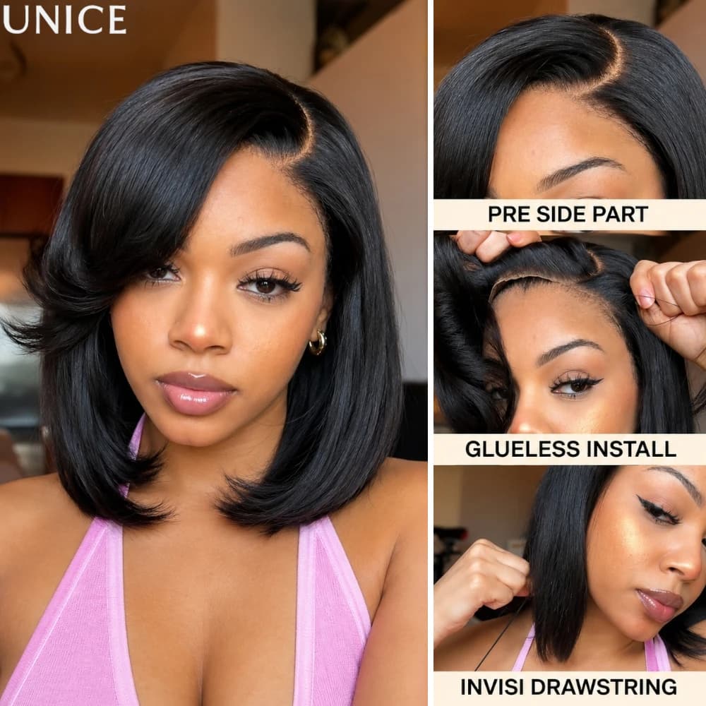 UNICE Bye-Bye Slip 6X4 Minimalist Lace "C" Side Part Layered Bob Wig With Blowout Bangs Glueless Human Hair Wig 150% Density