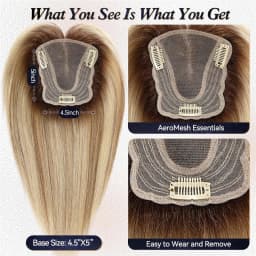 Ombre Blonde Human Hair Topper for Women 4.5"*5" Swiss Lace Base Hand-Tied Hair Topper Natural Looking Highlight Hairpiece