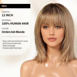 Ombre Golden Brown 100% Remy Human Hairs for Women Natural Daily Straight 12inch Short Human Hair Wigs with Bangs Heat Resistant