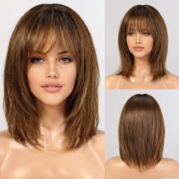 Ombre Golden Brown 100% Remy Human Hairs for Women Natural Daily Straight 12inch Short Human Hair Wigs with Bangs Heat Resistant