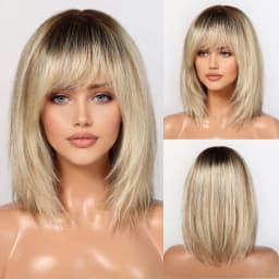 Ombre Golden Brown 100% Remy Human Hairs for Women Natural Daily Straight 12inch Short Human Hair Wigs with Bangs Heat Resistant