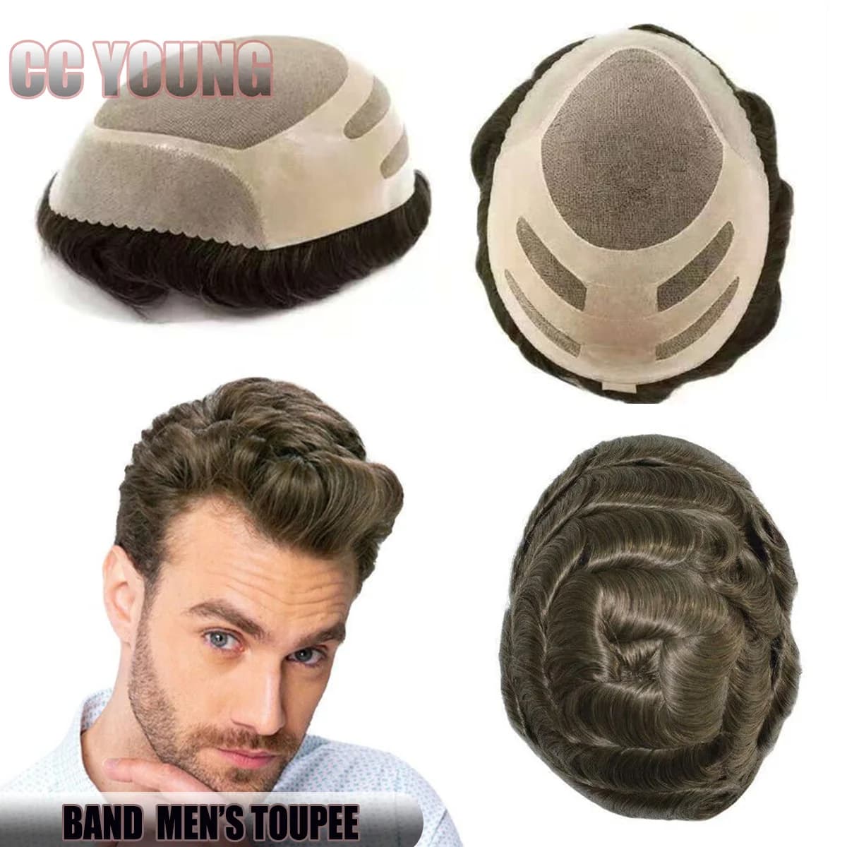 Band Style 8x10" Human Hair Mens Toupee Fine Mono and Thin Skin Base Hair Replacement System Breathable Toupee Durable Hairpiece