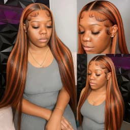 Glueless 100% Human Hair 4/350 Highlight Ombre Straight 13x4 Lace Frontal Wigs With Drawstring Ginger Orange Brown Colored Wig