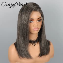CrazyPearl Bob Wig Human Hair Salt and Pepper Grey Wigs 13X4 Straight Lace Frontal Wigs Human Hair Natural Hairline Gray Wigs