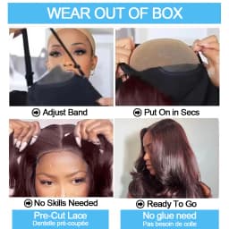 Glue-free Wig 9x6 in human hair, dark burgundy, ready-to-wear, Brazilian, colorful, degraded, mated, with pre-cut lace, density 250