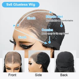 Glue-free Wig 9x6 in human hair, dark burgundy, ready-to-wear, Brazilian, colorful, degraded, mated, with pre-cut lace, density 250