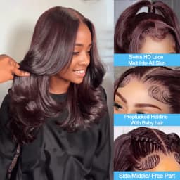Glue-free Wig 9x6 in human hair, dark burgundy, ready-to-wear, Brazilian, colorful, degraded, mated, with pre-cut lace, density 250