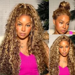 Highlight HD Invisible Strap 360 HD Lace Wig Pre Plucked Deep Wave Curly 200% Density 360 Invisible Drawstring Transparent Lace Frontal Wigs Highlight Wig Human Hair